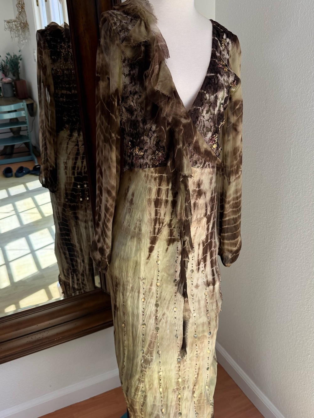 Silk Maxi Brown & Cream V-Neck Ruffle Dress